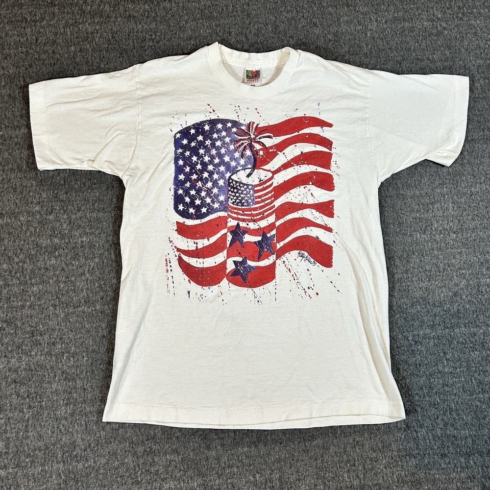 Vintage Fireworks T Shirt Adult Large White Red Flag USA Mens 90s Single‎ Stitch